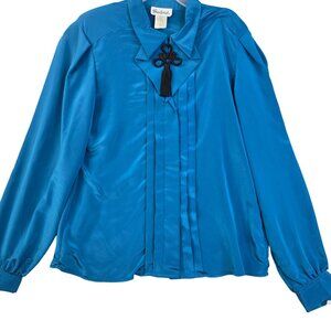 80s Gaylord Pleated Blouse 12 Blue Tassel Feminine Romantic Flowy Whimsical New